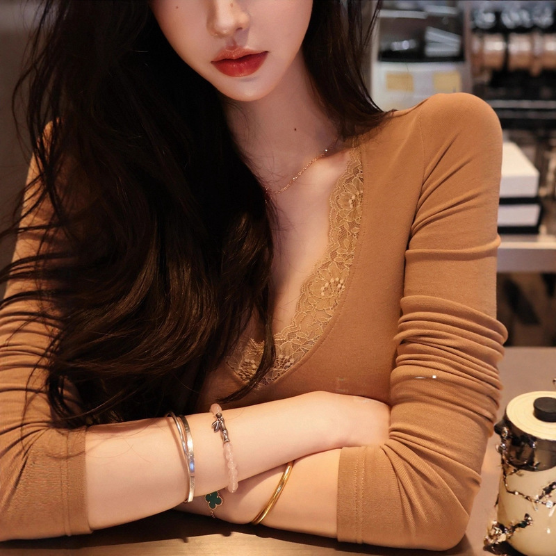 Fart Shp Sally Garden Lace V-Neck Backless Thin Velvet Long-Sleeved Autumn and Winter T-Shirt Women's Base Layer Shirt
