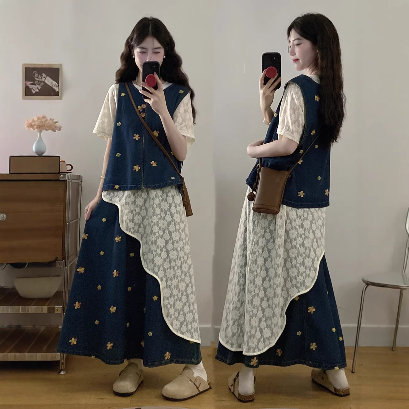 2026 yozda katta o'lcham - dantelle ko'ylak + denim askili to'plami