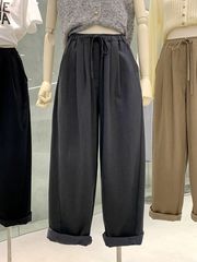 胖MM特大码300斤高腰阔腿直筒裤女春秋宽松系带松紧腰休闲长裤子2