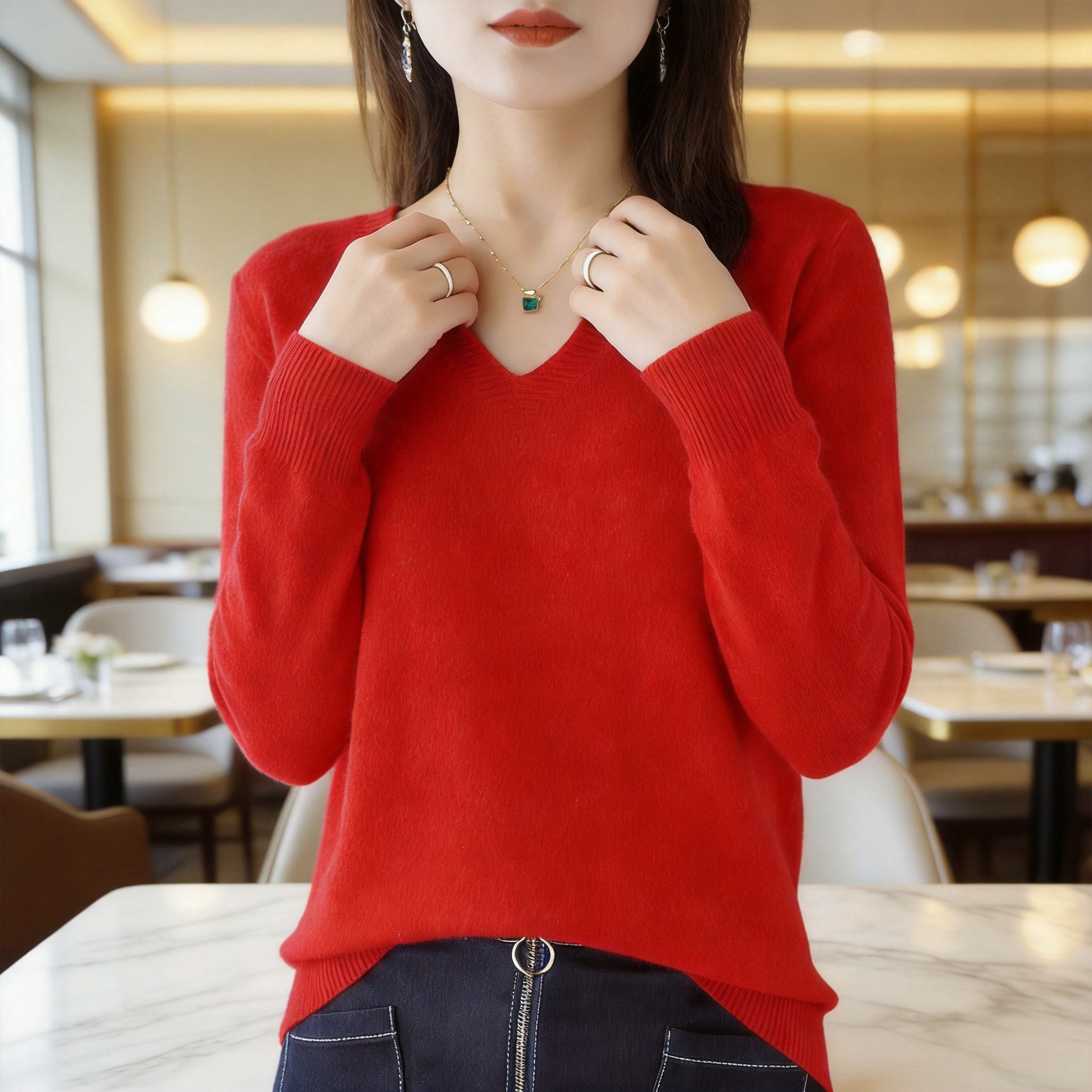 Thin 2026 inner layer solid color new pullover sweater pullover stylish knit base layer V-neck white summer