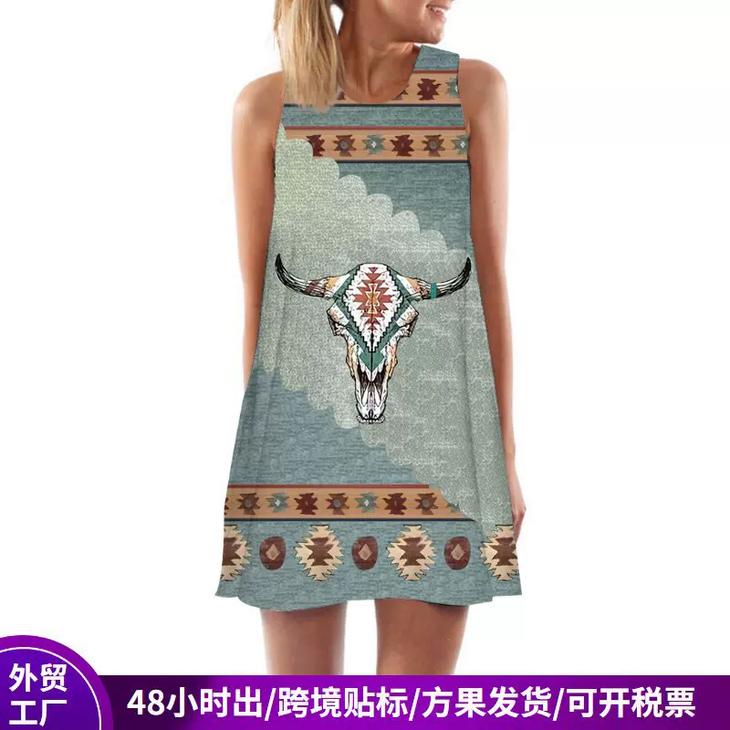 欧美文艺复古牛头印花背心裙新款夏季个性无袖女装连衣裙外贸夏装