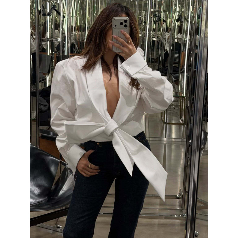 In-Stock Solid Color Tie-Neck Long-Sleeve Shirt, Fashionable and Elegant Workwear Top, 2026 Spring New Model, Cross-Border European and American Style In-Stock Solid Color Tie-Neck Long-Sleeve Shirt, Fashionable and Elegant Workwear Top, 2026 Spring New Model, Cross-Border European and American Style