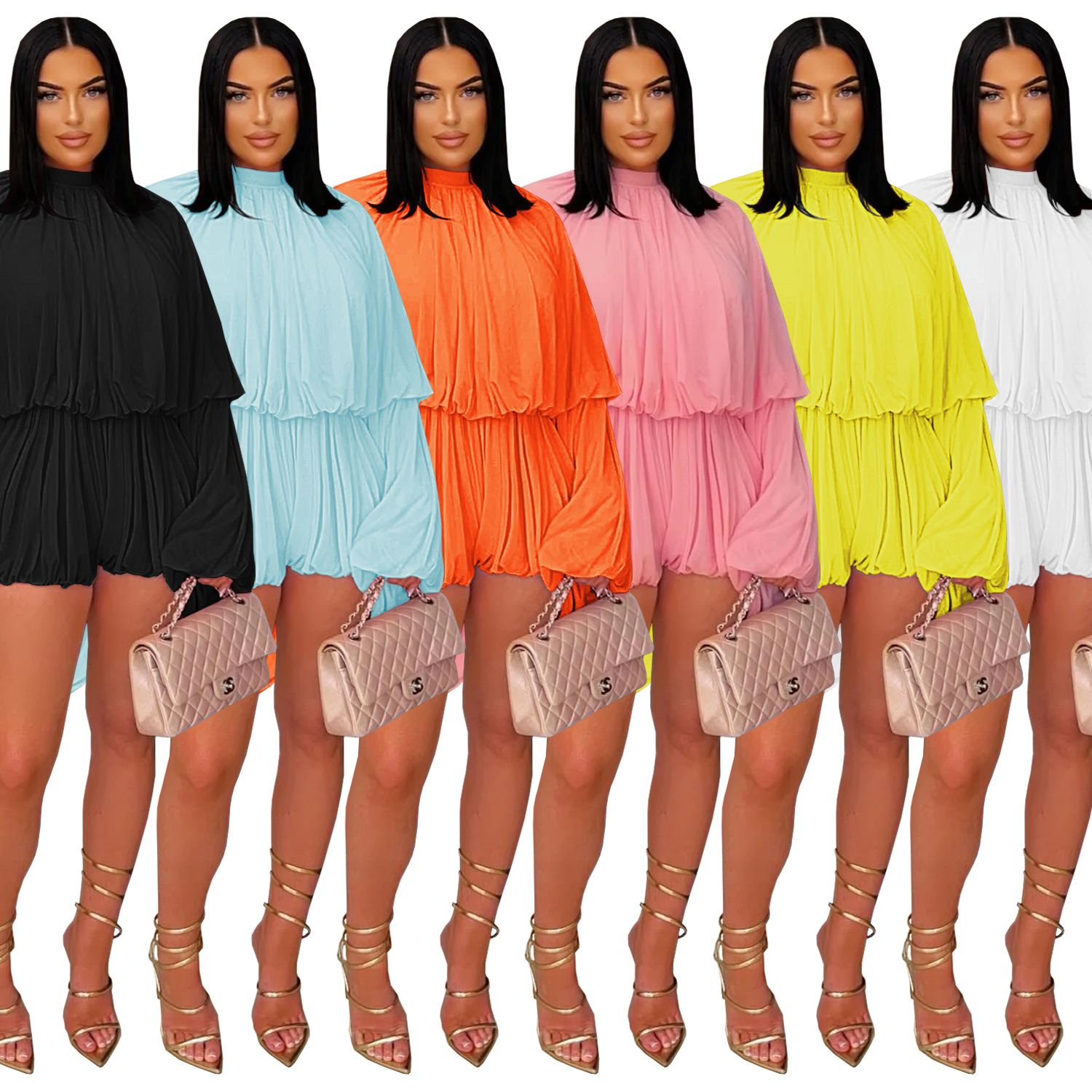 C7432 Mono corto plisado de color sólido, estilo casual, moda europea y americana para mujer, novedad en AliExpress y Amazon