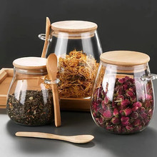 高硼硅玻璃调料罐竹盖带勺厨房密封罐家用储物罐五谷杂粮茶叶罐