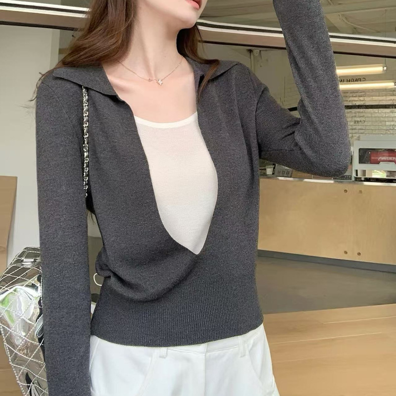 韩版高级感撞色u领假两件针织衫女秋季2025新款长袖百搭气质上衣|undefined