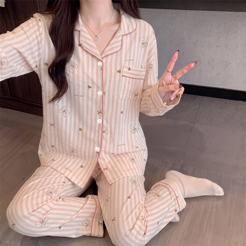월렉 여성 잠옷 세트 봄 가을 스트라이프 주름 원단 긴소매 긴바지 외출 겸