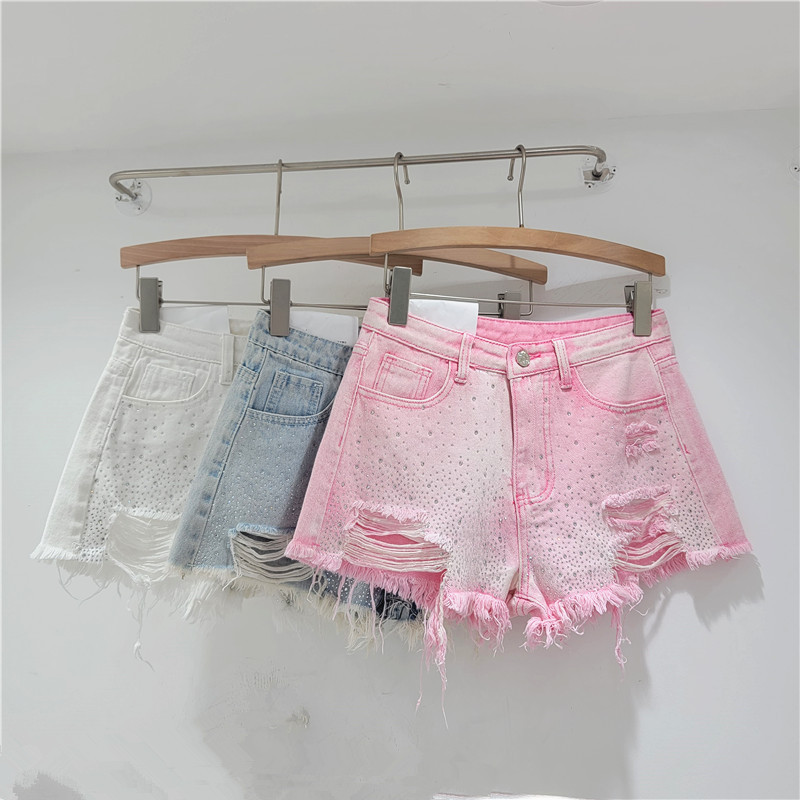 Heavy industry rhinestone Denim shorts women's 2024 Summer new high waist slimming hot pants with ripped frayed edge Heavy industry rhinestone Denim shorts women's 2024 Summer new high waist slimming hot pants with ripped frayed edge