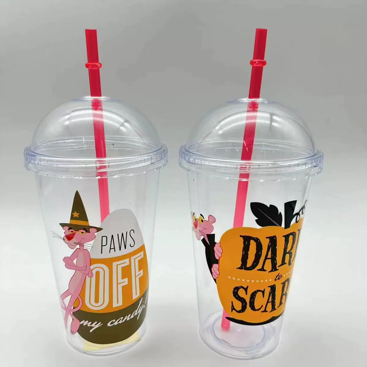 圆形单层塑料吸管杯ps实色杯600ml吸管杯万圣节吸管杯果汁塑料杯