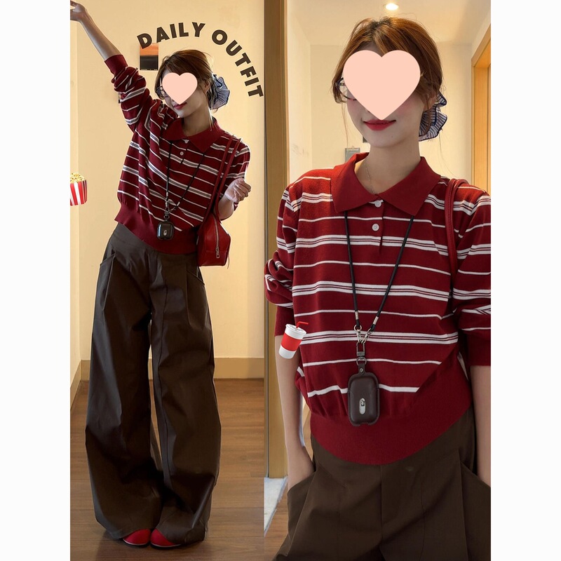 早秋季长袖恤女2025新款设计感红色条纹针织衫上衣长裤套装|undefined