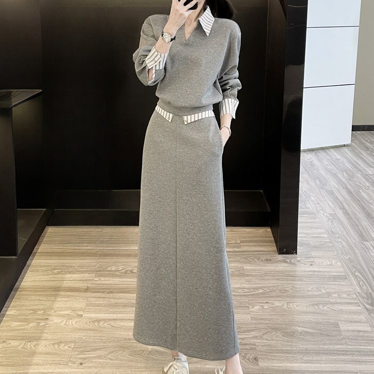 巨好看新款早秋灰色两件套穿搭半身裙长裙卫衣裙套装2025年一整套|undefined