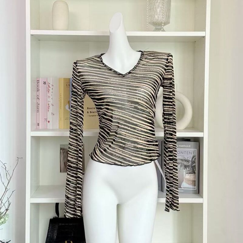 Foreign Trade [Original Fabric] Early Autumn Slim Zebra Stripesd Lace Mesh V-Neck Long-Sleeved T-Shirt Women's Bottoming Shirt