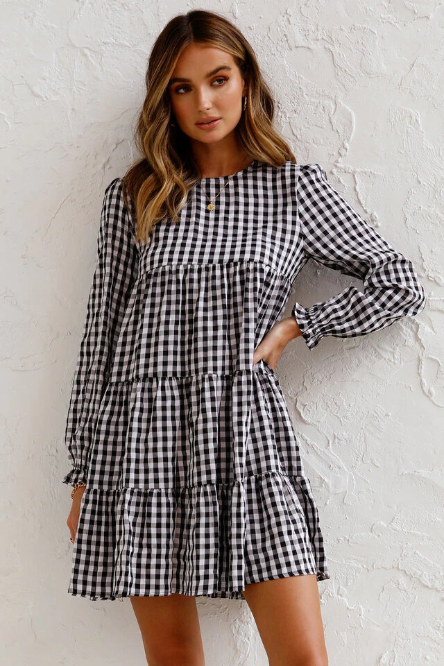 long-sleeved round neck big swing plaid loose dress Nihaostyles wholesale clothing vendor NSJRM72243