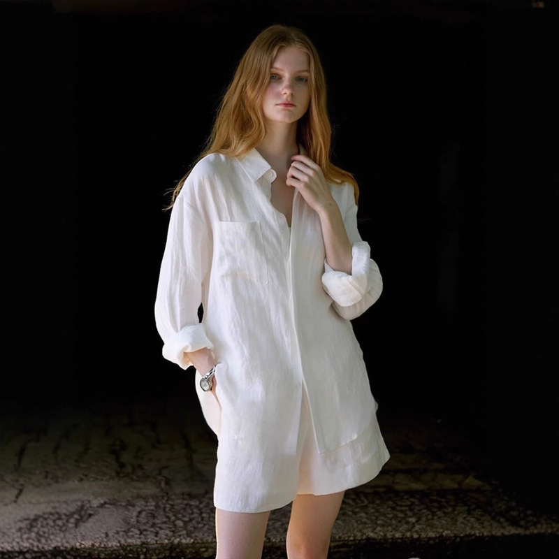 White Linen Old Money Style Shirt for Women, Spring and Summer, Relaxed and Luxurious Cotton-Linen Shirt and Shorts Sun Protection Set