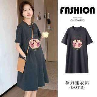 孕妇装夏季连衣裙时尚宽松休闲大码小个子深灰色短袖T恤裙子口袋
