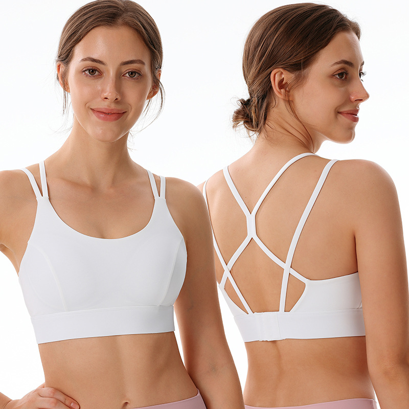 New one-piece fixed cup backless sports bra for women, high-strength support and shock absorption, suitable for running, yoga, and fitness.