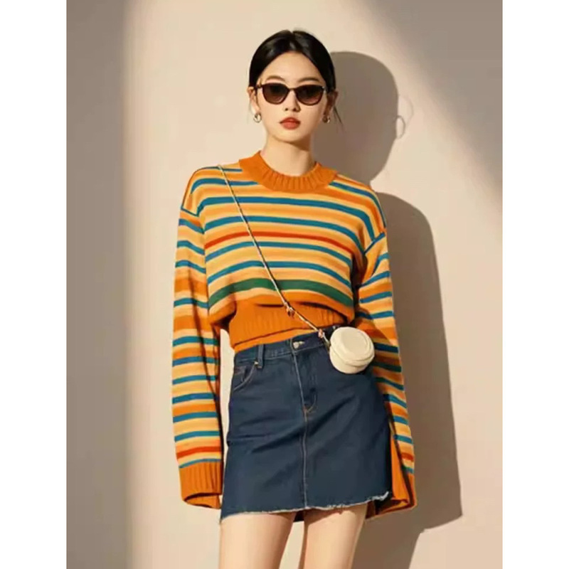 2024 Early Autumn Wear Fashionable Chanel Style Knitted Top Lazy Style Advanced Orange Striped Sweater Women's Autumn and Winter