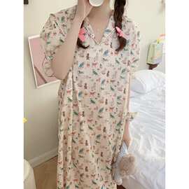 跨境外贸可爱卡通狗狗公主睡裙宽松家居服V领花边睡衣女夏送发圈