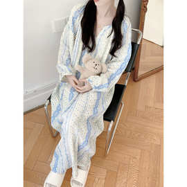 实拍2025秋季新款兰花双层纱珍珠扣子棉纱长袖睡裙外贸批发