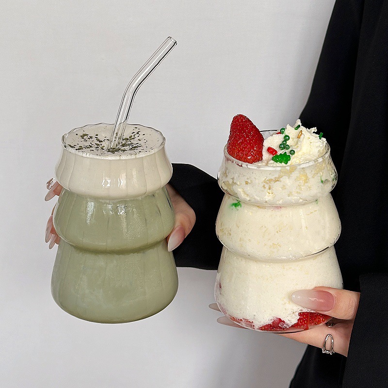 Niche retro vertical taza de cristal de árbol de Navidad taza de café taza de jugo taza de bebida fría con paja