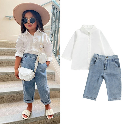  European and American children's clothing autumn new style girls white long-sleeved shirt high-waist denim trousers suit dropshipping