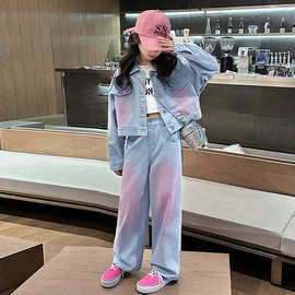 跨境批发女童牛仔套装春秋中大童时髦韩版外套洋气小女孩两件套潮