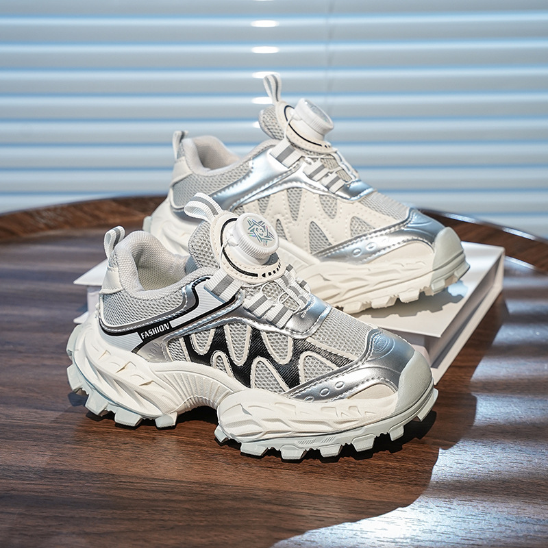 Zapatos deportivos para niños, zapatos casuales de botón giratorio de malla para niñas, otoño 2025 nuevos zapatos de corrida para niños