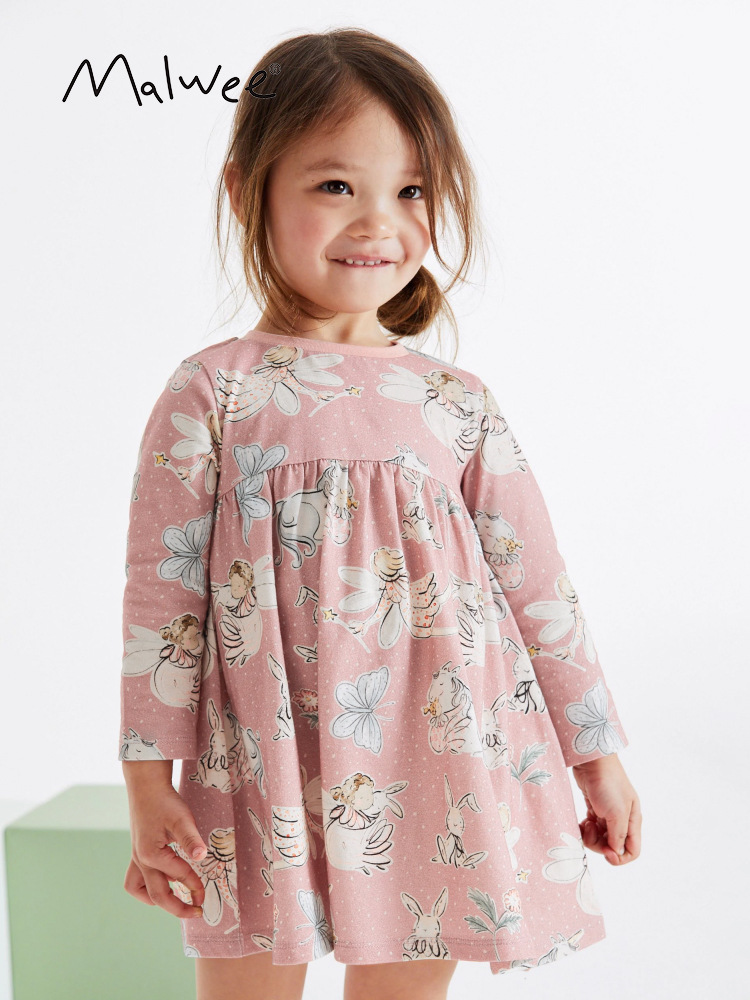 Malwee vestidos de niñas de otoño nuevos niños europeos y estadounidenses impresión de aire exterior cuello redondo vestido de manga larga