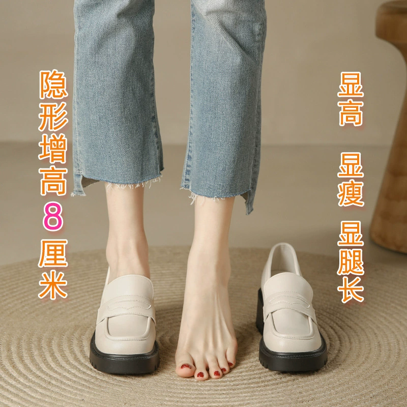 Кожаная обувь на платформе для увеличения роста 2023 новые лоферы в британском стиле, маленькие слипоны, обувь для увеличения роста небольшого размера для женщин