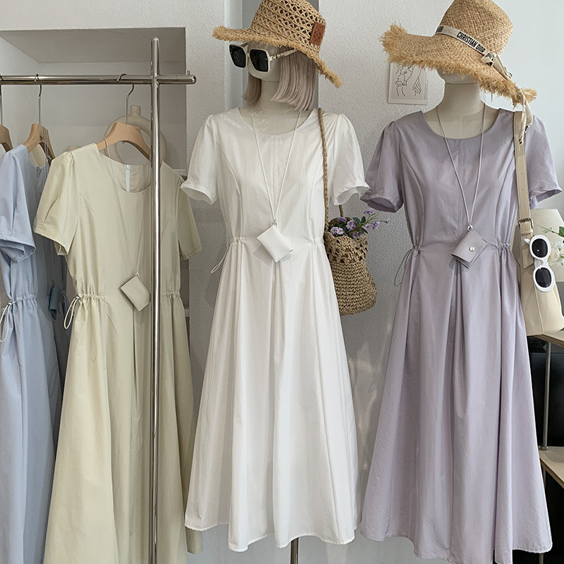 Kekezoon Minimalist Style Short-Sleeved Dress for Women Summer Waist Slimming Pure Color Round Neck Casual Long Dress 7559 Kekezoon Minimalist Style Short-Sleeved Dress for Women Summer Waist Slimming Pure Color Round Neck Casual Long Dress 7559