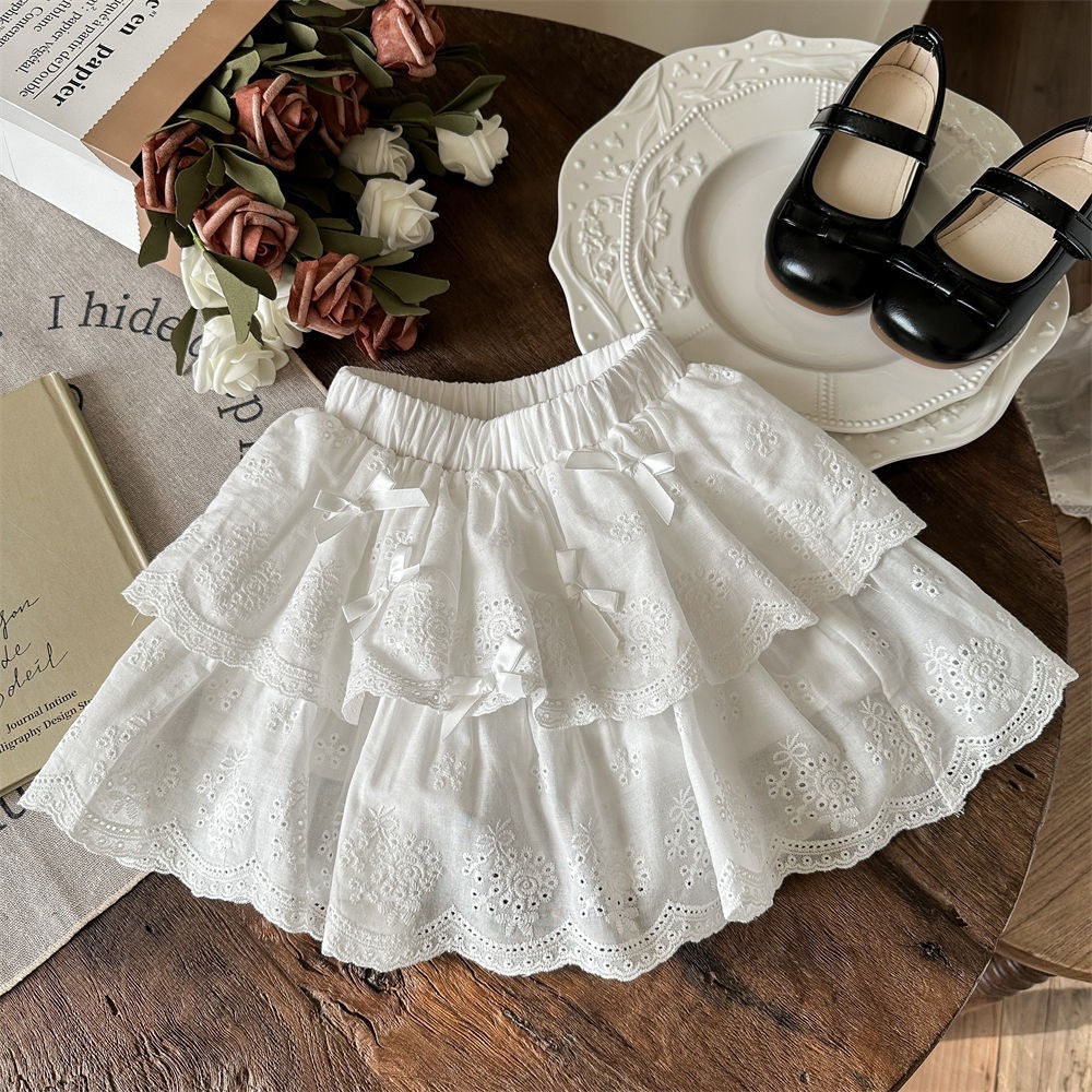 Niñas de verano blanco delgado vestido de pastel de algodón primavera y verano nuevo niño encaje de malla falda de hadas falda corta