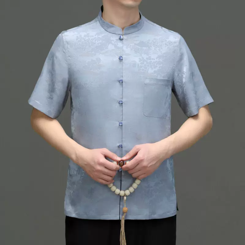 高档唐装夏季冰丝半袖中国风爸爸装仿蚕丝短袖上衣汉服老年人男装