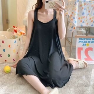 夏季新款睡衣女士吊带睡裙固定胸垫纯色睡裙女家居连衣裙批发