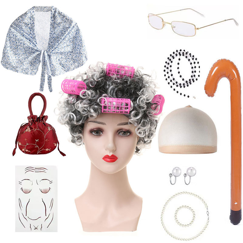 Amazon nueva abuela peluca abuelo pelo vieja dama vieja peluca chal traje accesorios traje