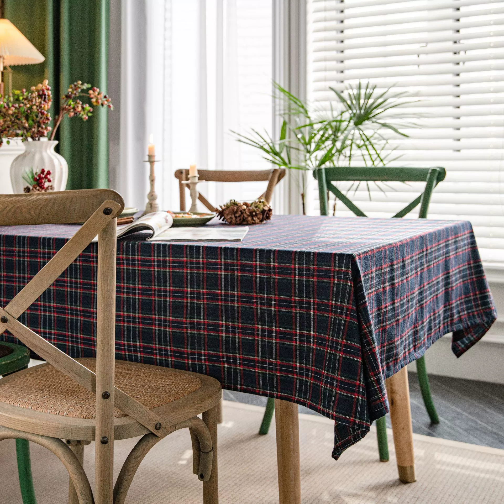 Rectangular tablecloth, cotton‑linen, dustproof red checkered decorative table mat, multiple sizes