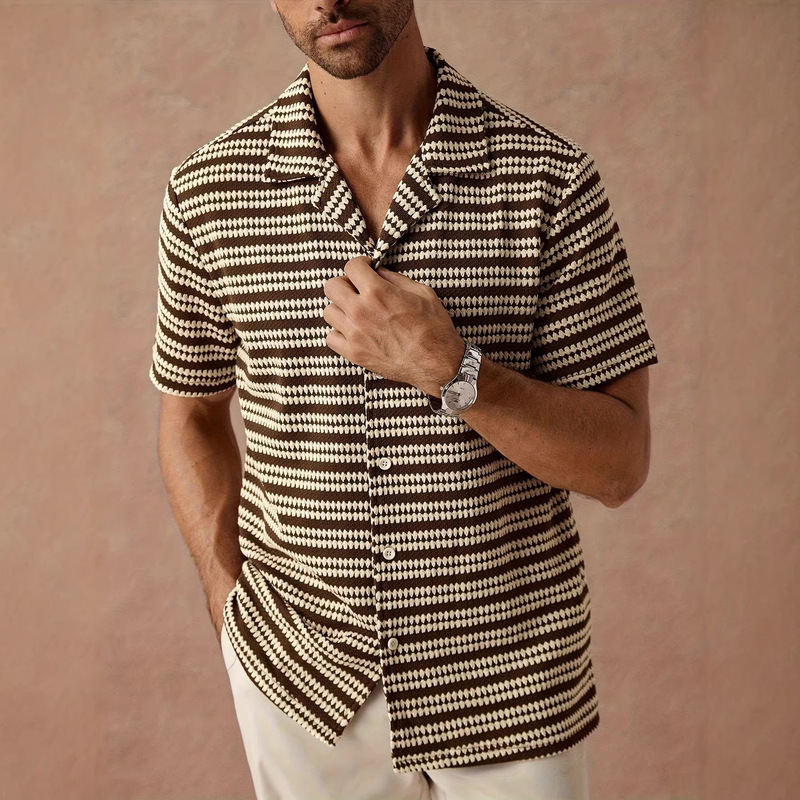 Cross-Border Men's Casual Short-Sleeve Shirt with Striped Design, Versatile and Practical Style, Fashionable and Simple Shirt with a Turn-Down Collar