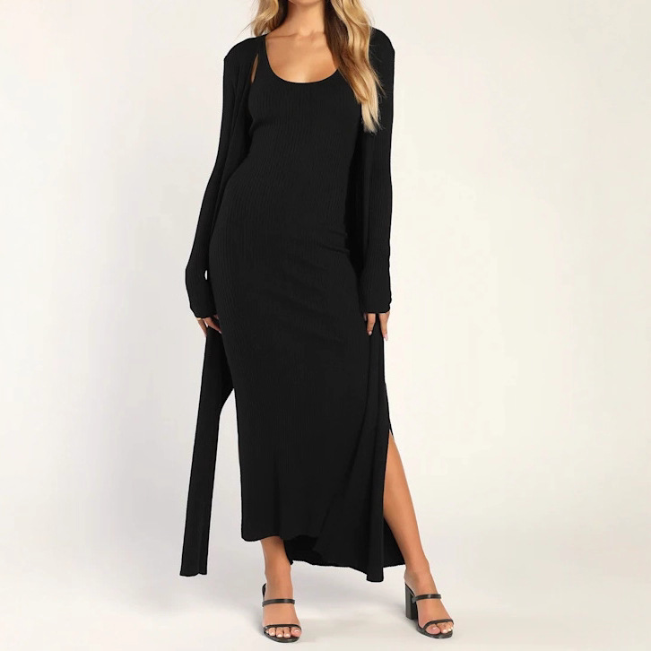 Amazon European and American Cross-Border Women's Ribbed Knit Two-Piece Dress and Cardigan Set with a High-End Korean Style
