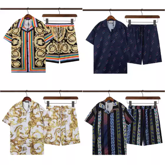 Cross-border 2025 Men's Shirt Summer Trendy Brand Fan Gujia Fan Family Full-length Letter Printed Short-sleeved T-shirt Two-piece Set