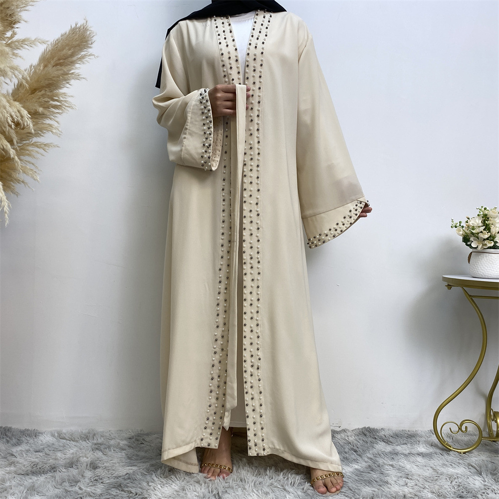 Arab Turkish Middle Eastern Fashion Elegant Solid Color Beaded Muslim Tie-Up Cardigan Robe 1838_ecoleips.com