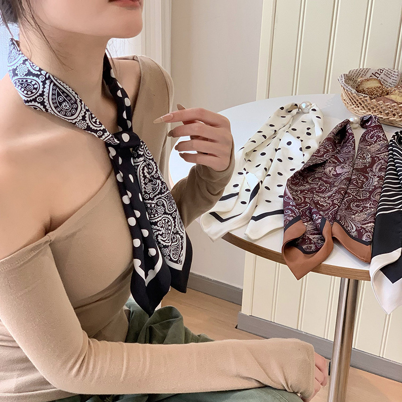 Pañuelo de seda, tira larga, sensación de alta calidad, estilo coreano, bufanda decorativa de lunares de doble capa, costura personalizada, bufanda de seda para mujer al por mayor