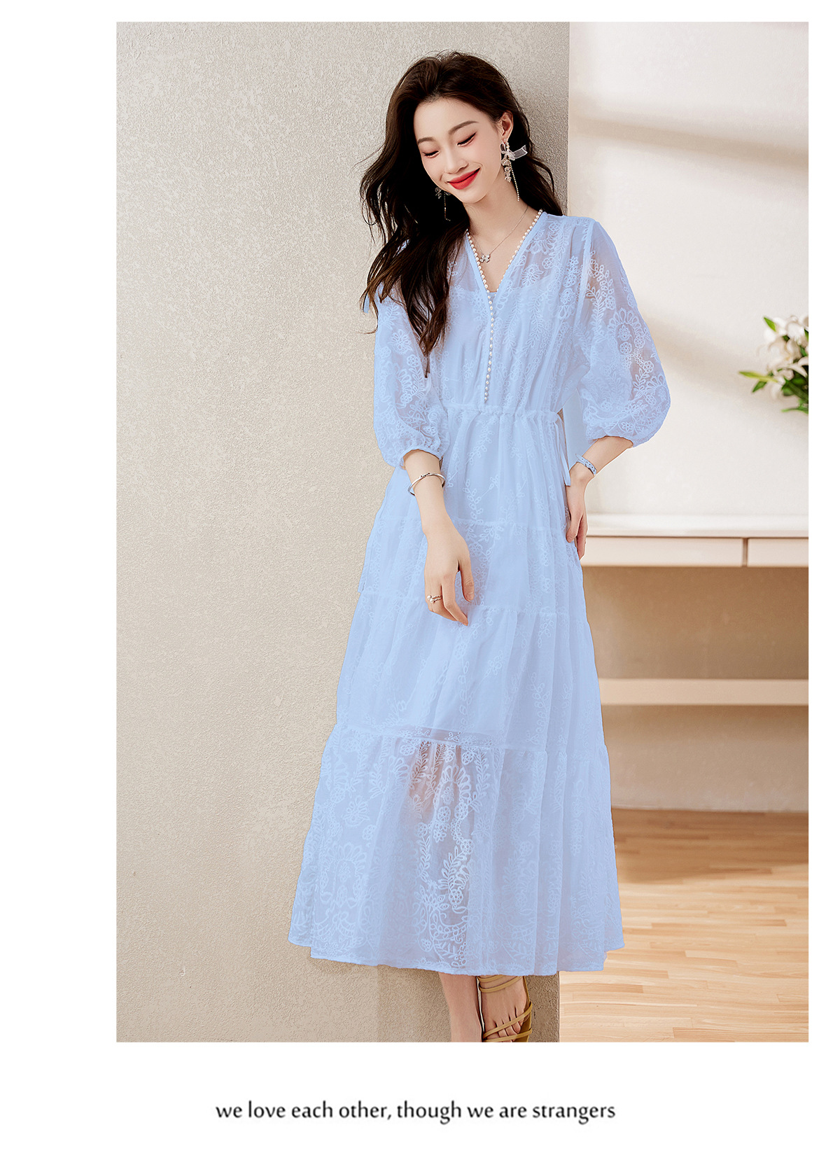 Đầm maxi nữ cổ V thắt eo dáng dài thanh lịch NY1608 — xanh lam, màu tím, màu vàng chi tiết 13