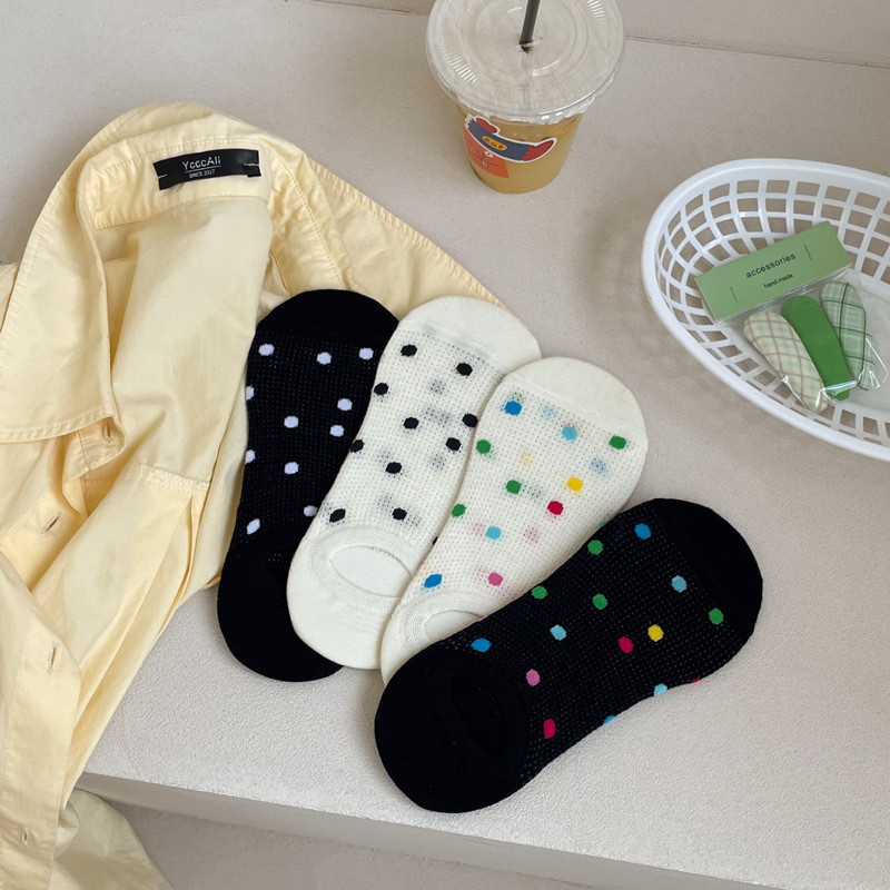 Spring and Summer colorful polka dot preppy style thin cotton boat socks breathable mesh red socks cute dopamine dispensing invisible socks