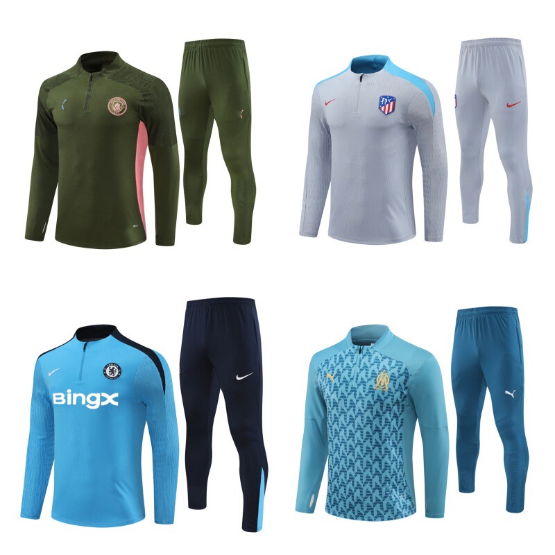 2024 Club Marseille Chelsea Atletico Manchester City Kids Adult Autumn and Winter Long Sleeve Half Zip Soccer Training Suit