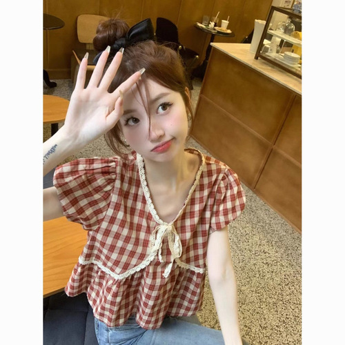 New 2025 Summer Korean Style Retro Checkered Bubble Sleeve Lace Edge Doll Shirt Top