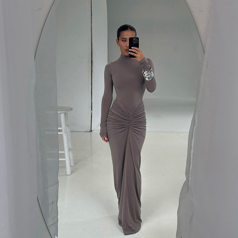 European and American Foreign Trade 2025 Spring New Solid Color High-Neck Long-Sleeve Slim-Fit Bodycon Long Dress｜Skims Top Style