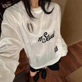 南油2026夏复古足球长袖T恤女 爱心蕾丝刺绣宽松透气防晒球衣