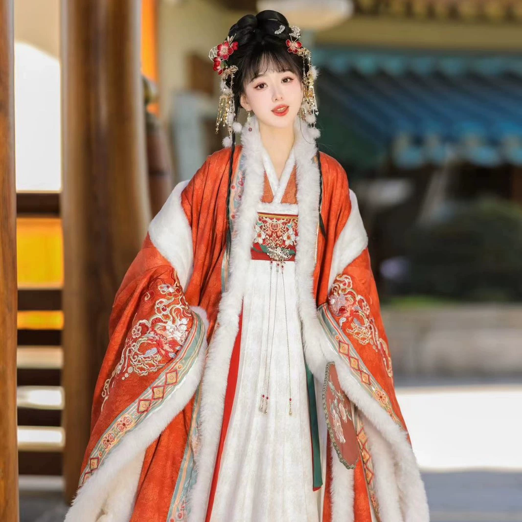 Tang Jinci Оригинальная одежда Tang Han, Женская утолщенная рубашка с большим рукавом на флисовой подкладке, нагрудное платье в национальном стиле, древний костюм, полный комплект, зима