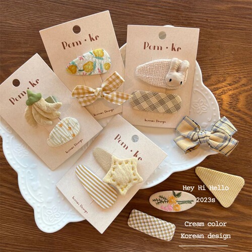 Korean new cream-colored fabric children's hair accessory bow hair clip with scattered hair, grid, solid color BB hair clip hairpin