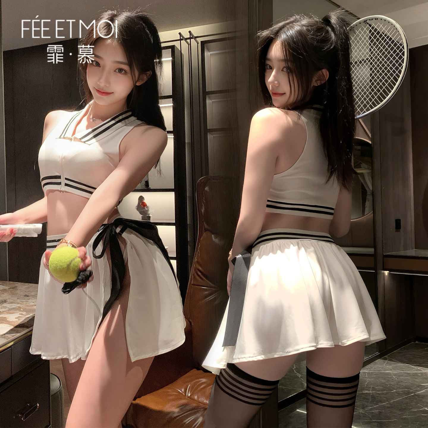 Feimu テニス女神スプリットセット胸露出サイドスリット露出尻浮気セクシーパジャマセクシーランジェリー ZY38