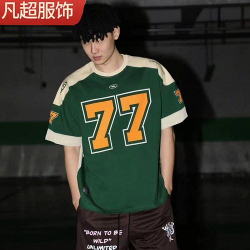 77 Ice Hockey Short Sleeve American Retro Sports High Street Casual Rugby Shirt Basketball Hip Hop T-Shirt European and American Style