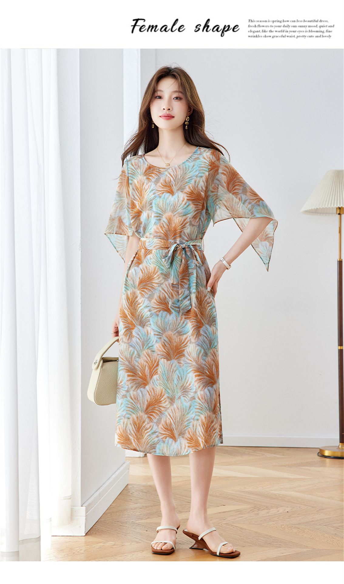 Đầm maxi nữ thắt eo in họa tiết hoa tay ngắn dáng suông che khuyết điểm — xanh lam, Màu hồng chi tiết 19